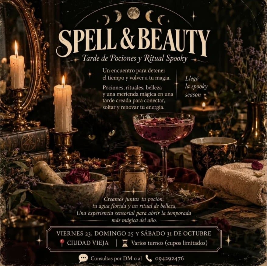 Flyer de Spell & Beauty: Tarde de Pociones y Ritual Spooky, 23, 25 y 31 de octubre en Ciudad Vieja